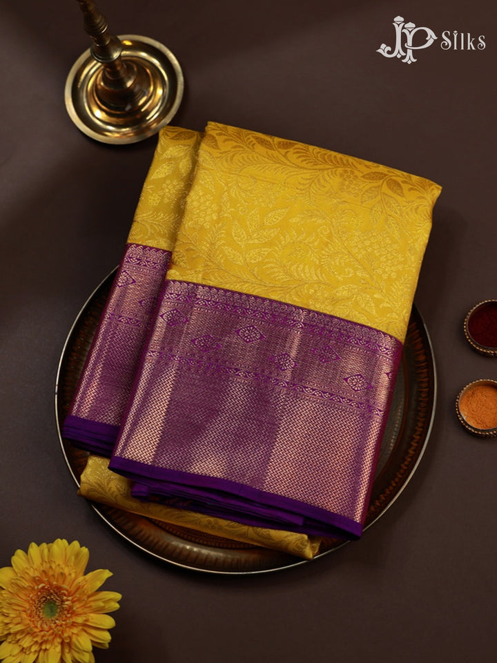 Yellow with Purple Bridal Kanchipuram Silk Saree - E5001 - View 1