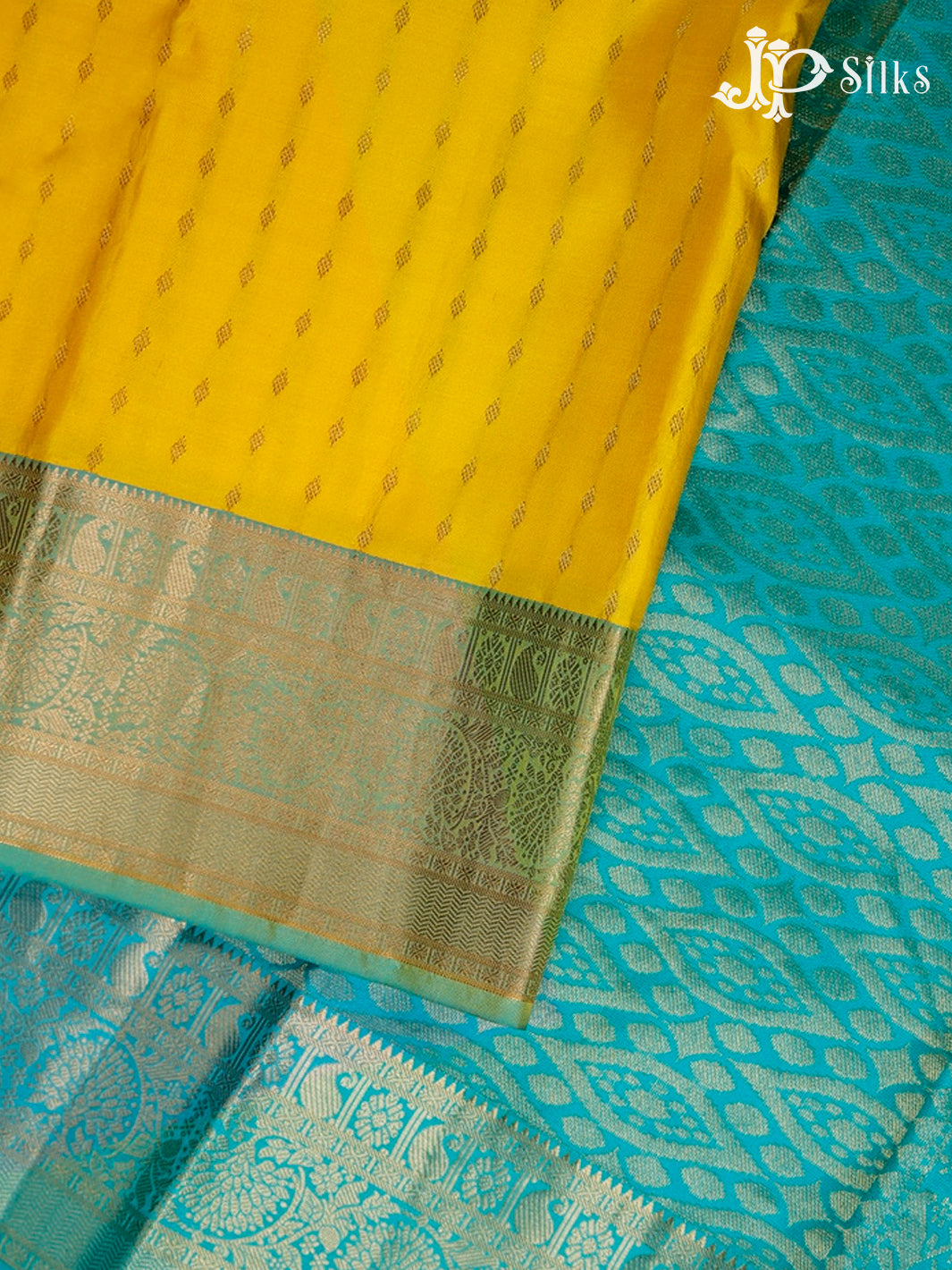 Yellow And Teal Green Kanchipuram Silk Saree - E238