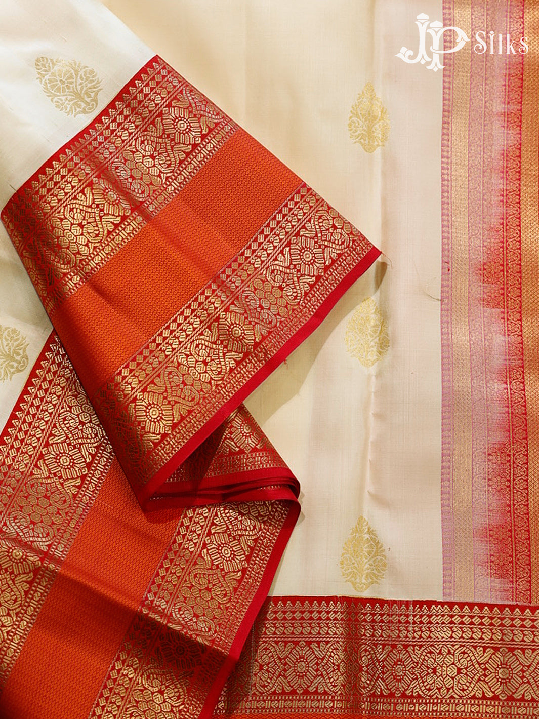 Cream & Red Kanchipuram Silk Saree - H19