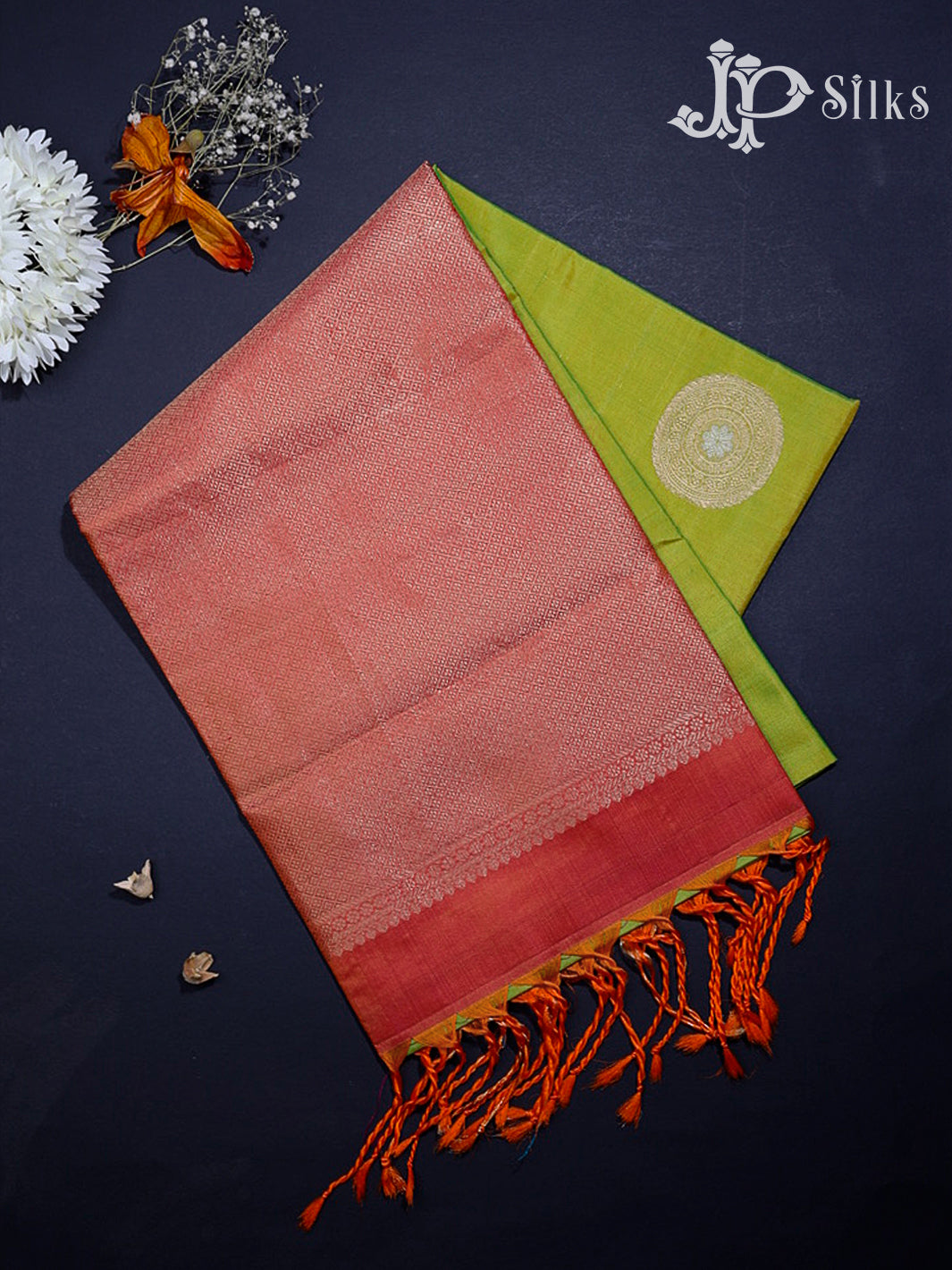 Parrot Green & Peachish Pink Soft Silk Saree - F2306-view1