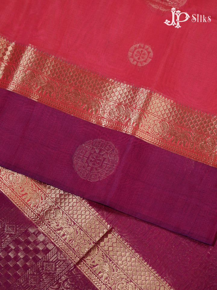 Reddish Pink & Deep Purple Kora Cotton Saree - G827-view4