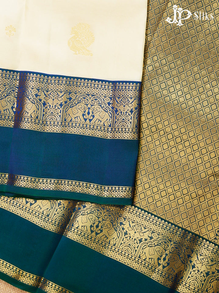 Cream & Peacock Blue Pure Silk Mix Saree - H21
