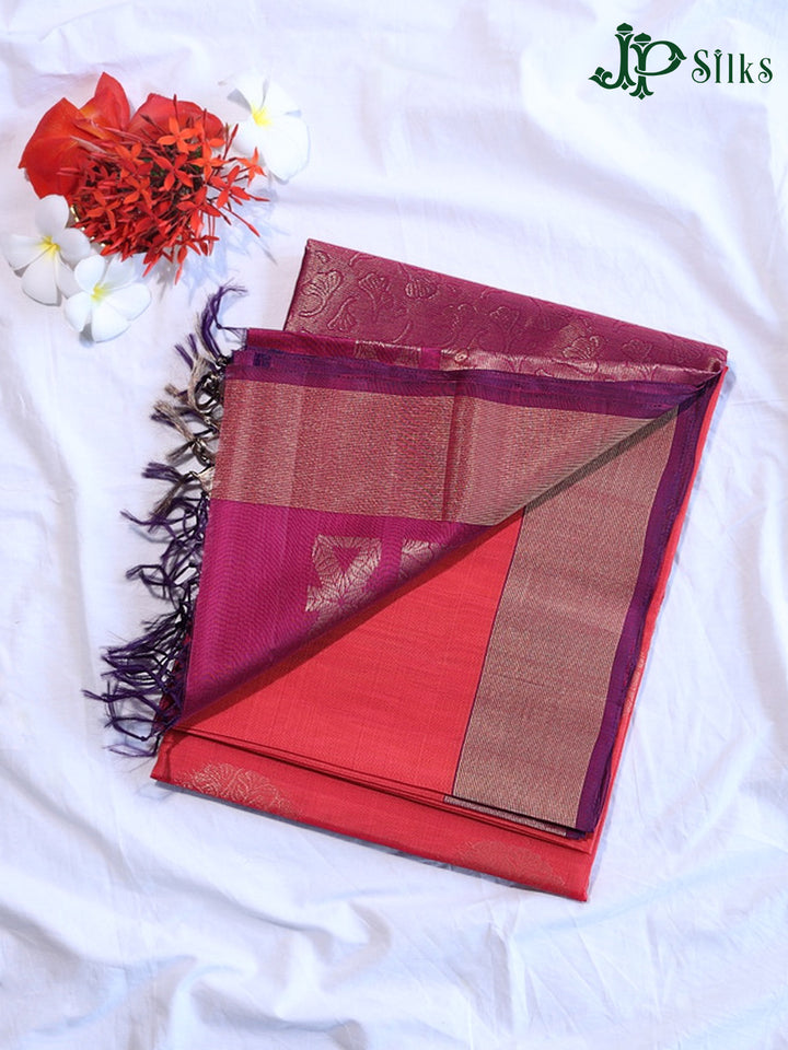 Reddish Pink And Dark Magenta Kora Cotton Saree - G911