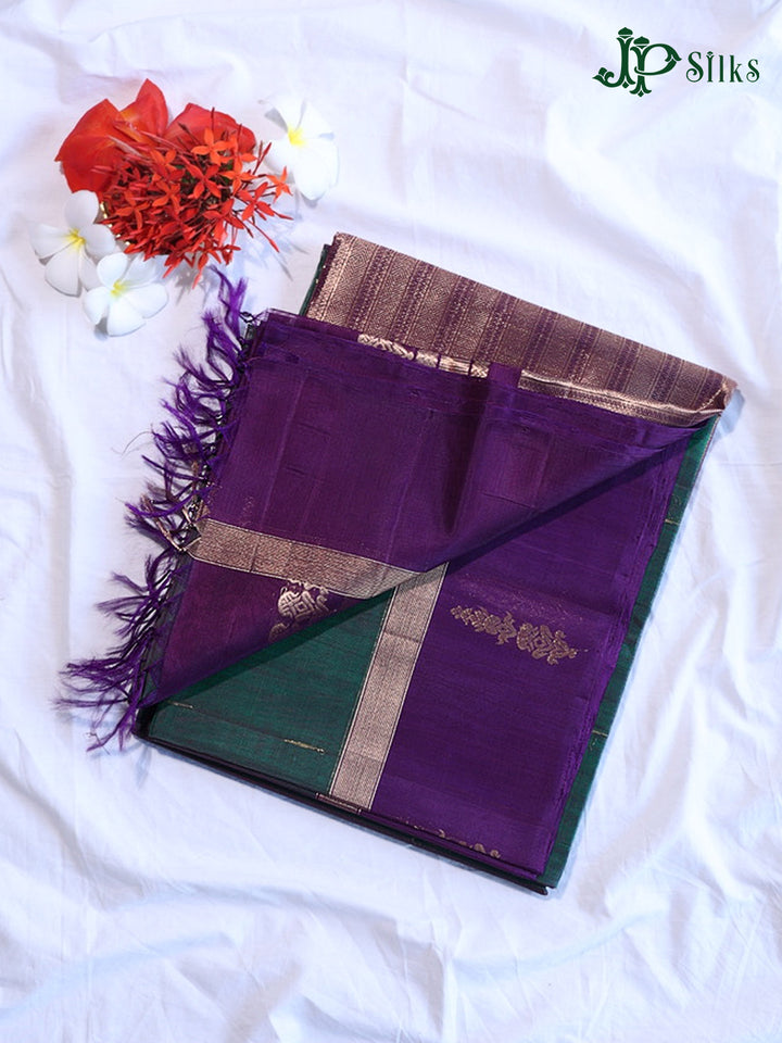Deep Bottle Green And Deep Violet Kora Cotton Saree - G908