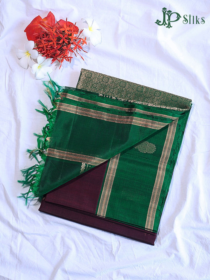 Dark wine and Bottle Green Kora Cotton Saree - G916