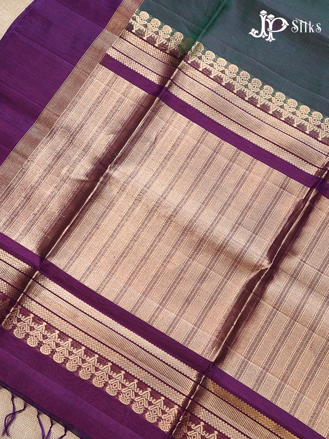 Deep Bottle Green And Deep Violet Kora Cotton Saree - G908
