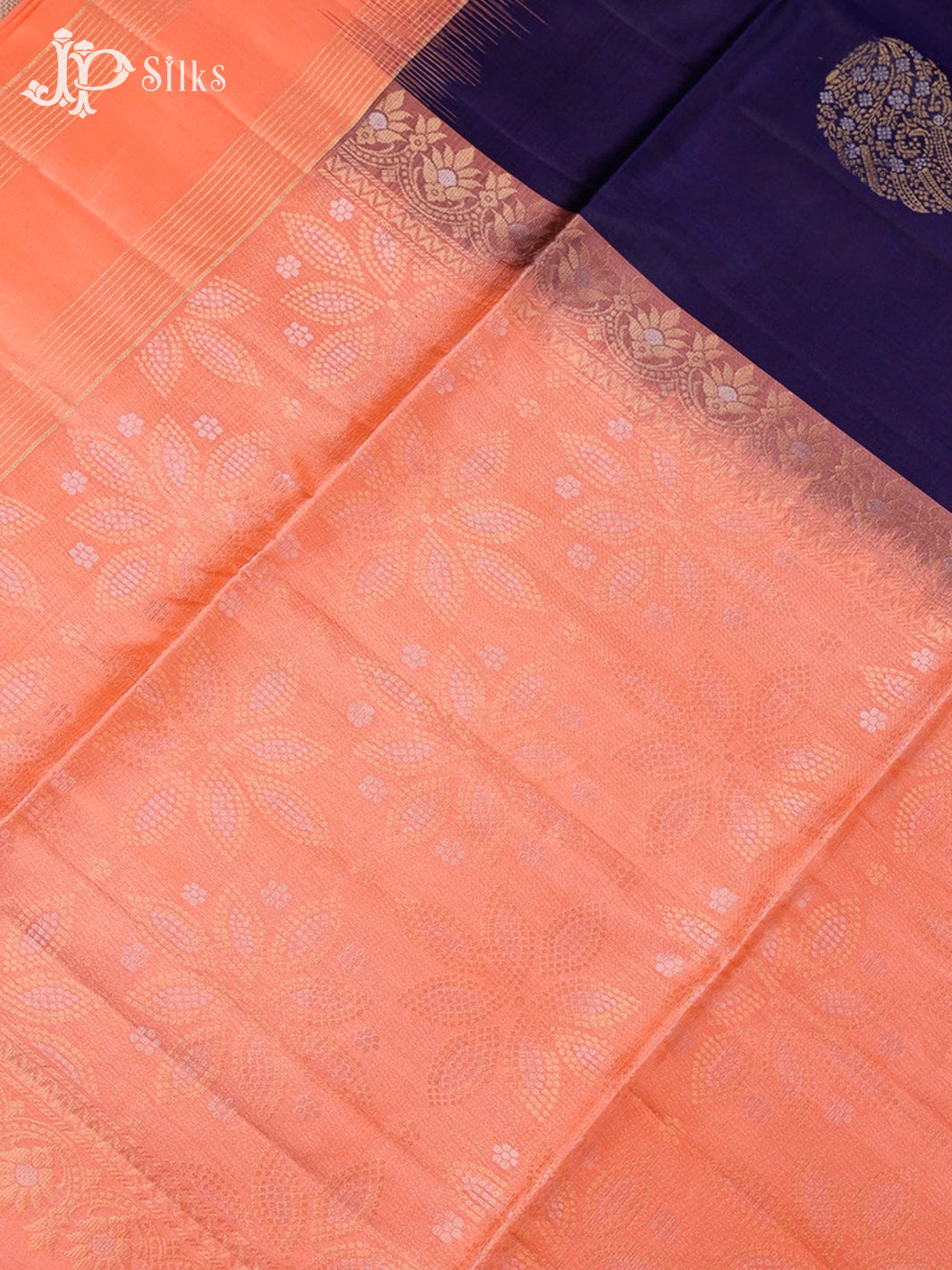 Dark Navy Blue And Peach Soft Silk Saree - F3520