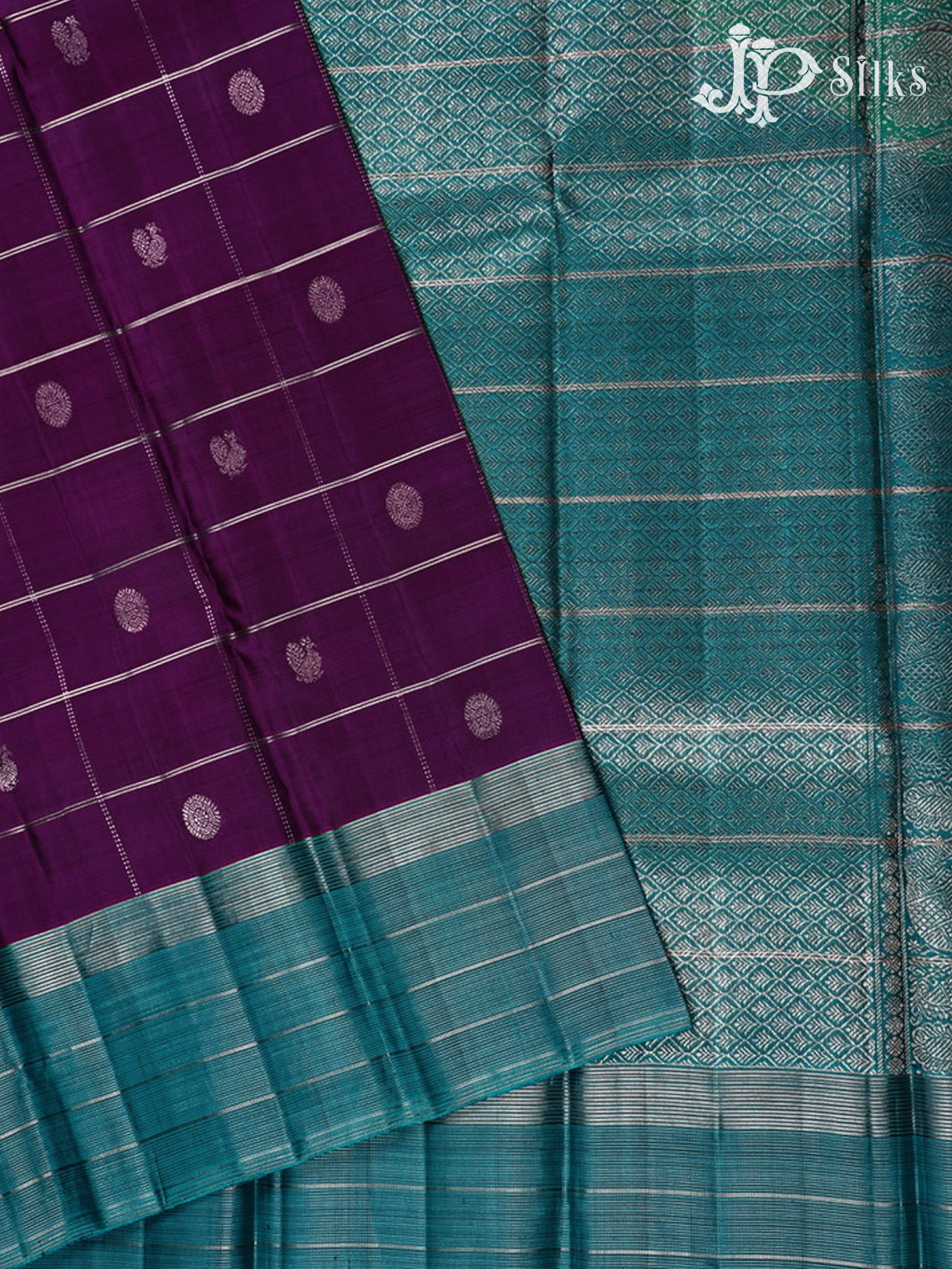 Purple and Sea Blue Kanchipuram Silk Saree - E5205 - View 2