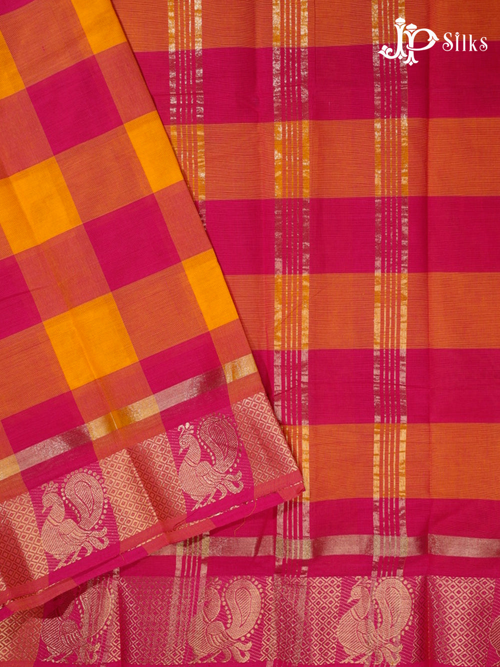 Pink & Mango Yellow Chettinad Cotton Saree - G397 “View2”