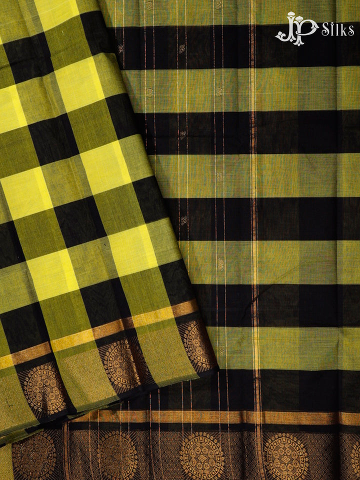 Lime Yellow & Black Chettinad Cotton Saree - G400 “View2”
