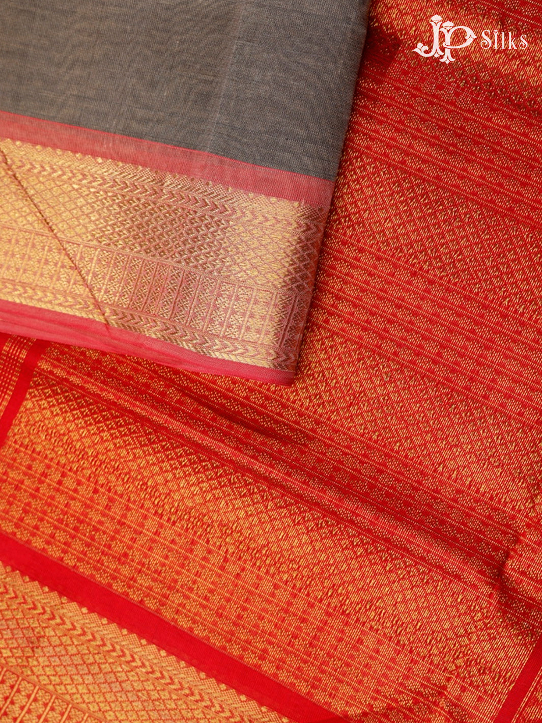 Grey and Red Silk Cotton Saree - F3423
