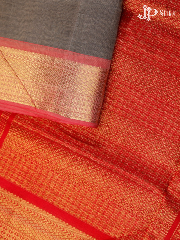 Grey and Red Silk Cotton Saree - F3423