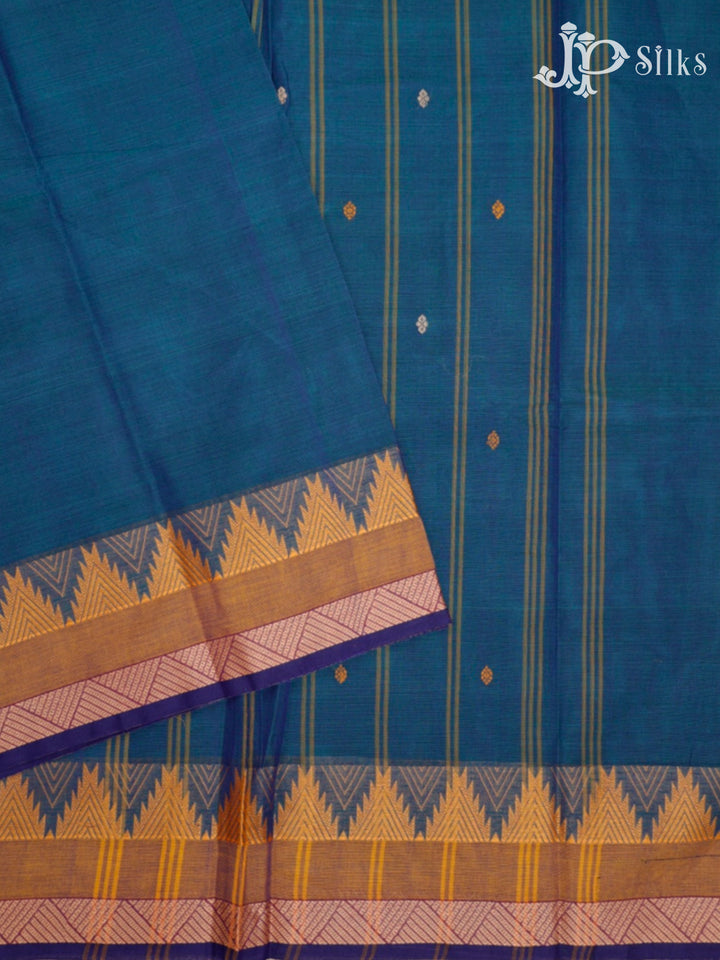 Peacock Blue & Mustard Arani Cotton Saree - F2713