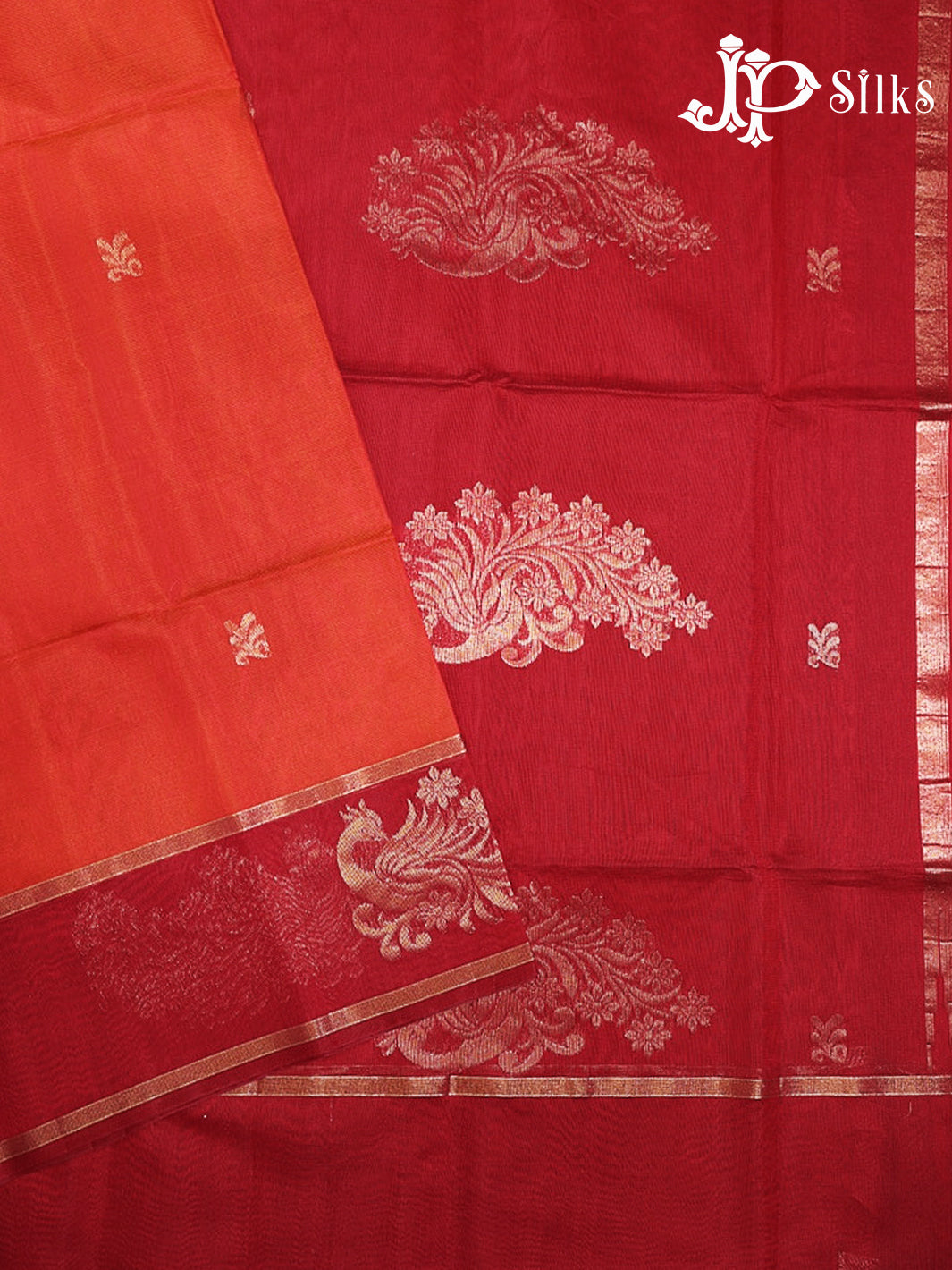 Reddish Orange and Red Kora Cotton Saree - G919