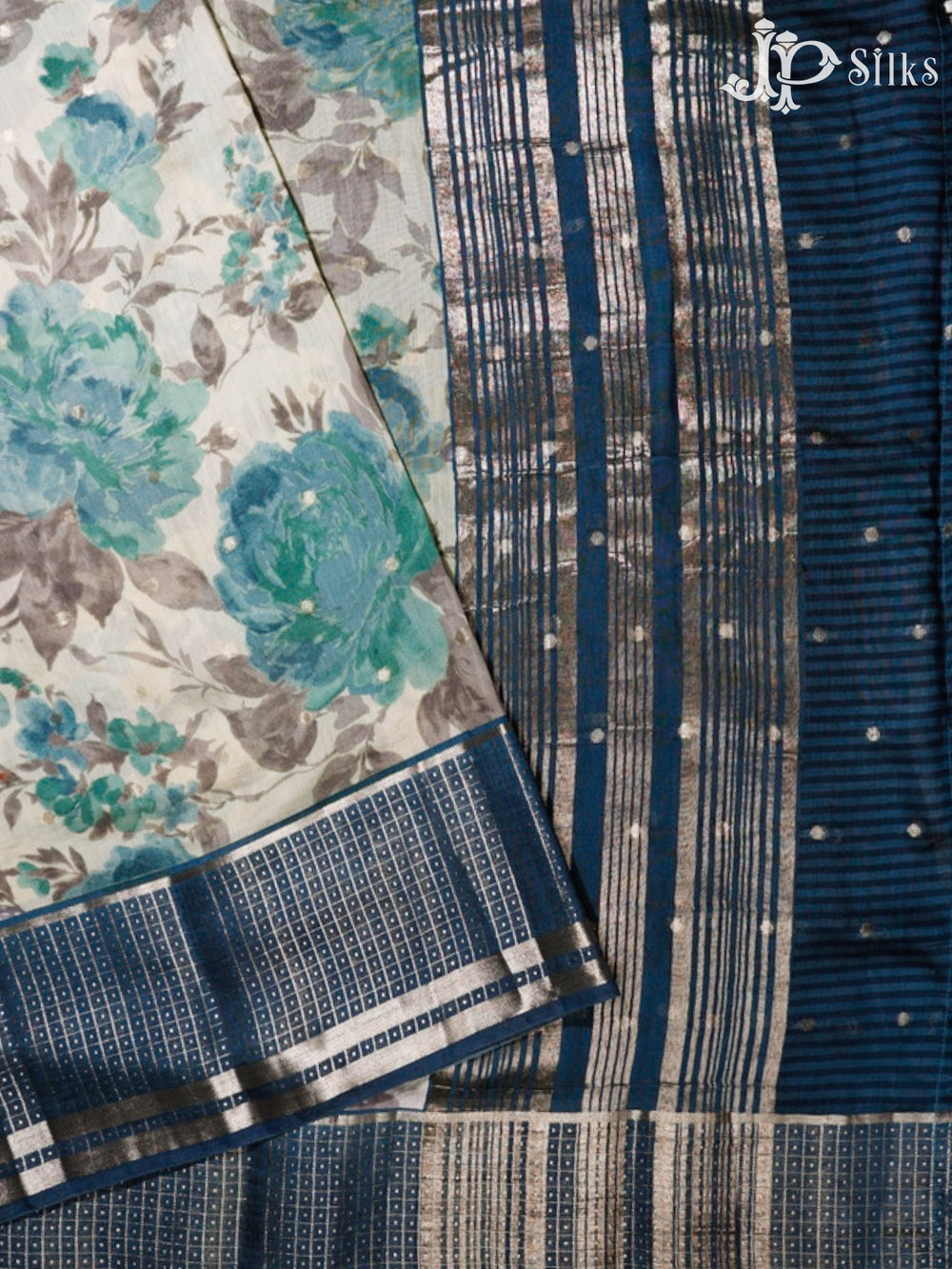 White & Blue Jay Semi Chanderi Saree - G557-view2