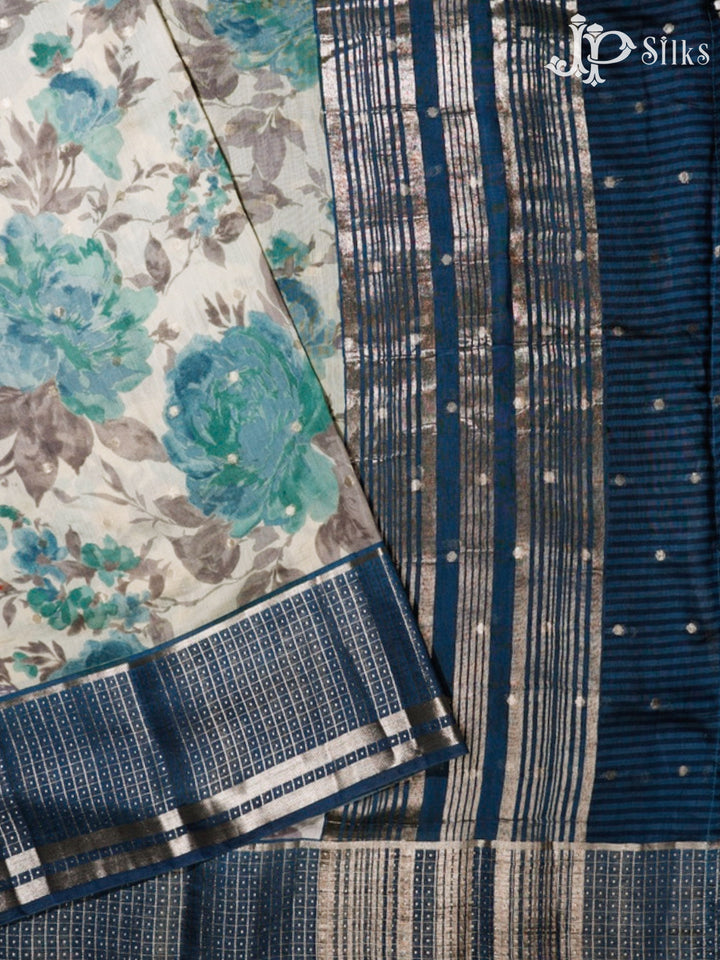 White & Blue Jay Semi Chanderi Saree - G557-view2