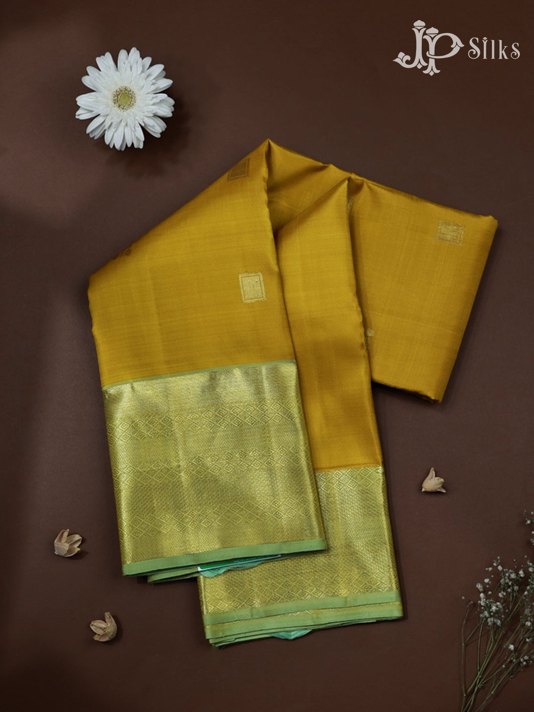 Mustard Yellow with Green Kanchipuram Silk Saree - F2362 - View 1