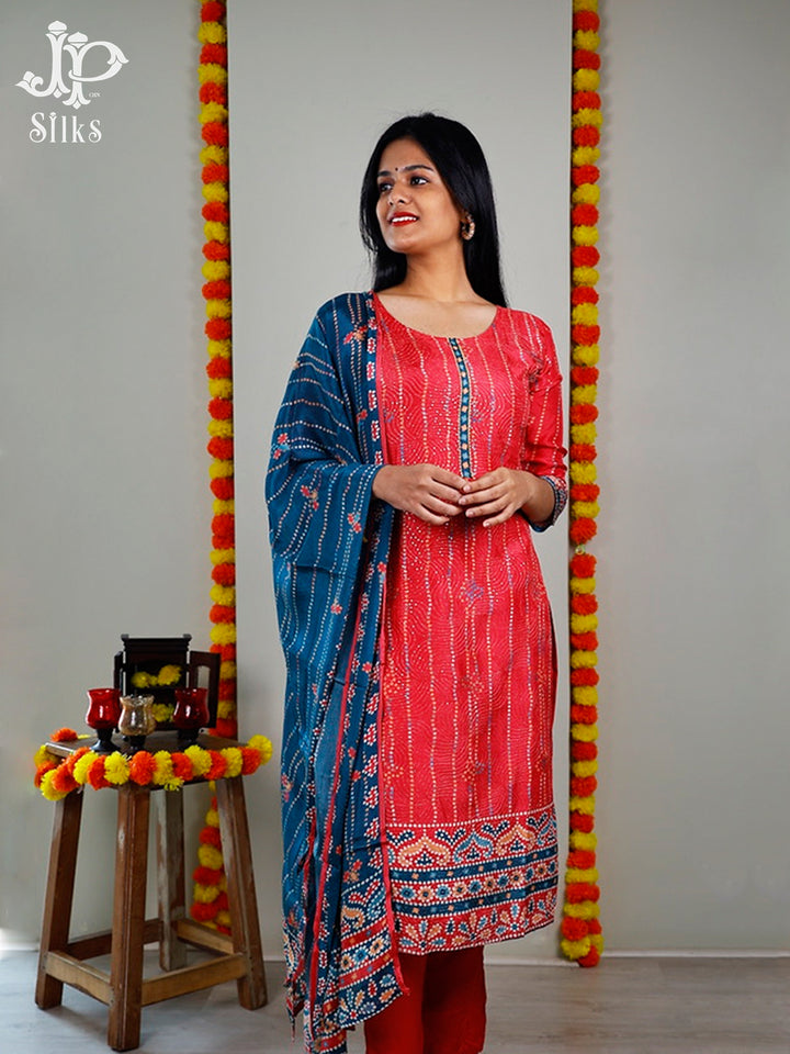 Reddish Pink And Sea Blue Bandhini Print Readymade Salwar Suit