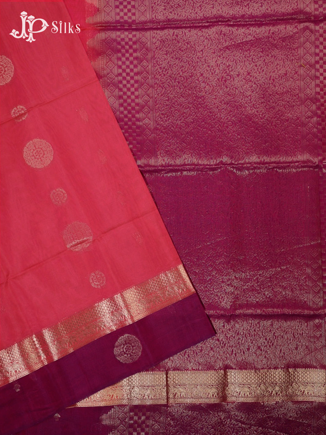 Reddish Pink & Deep Purple Kora Cotton Saree - G827-view2