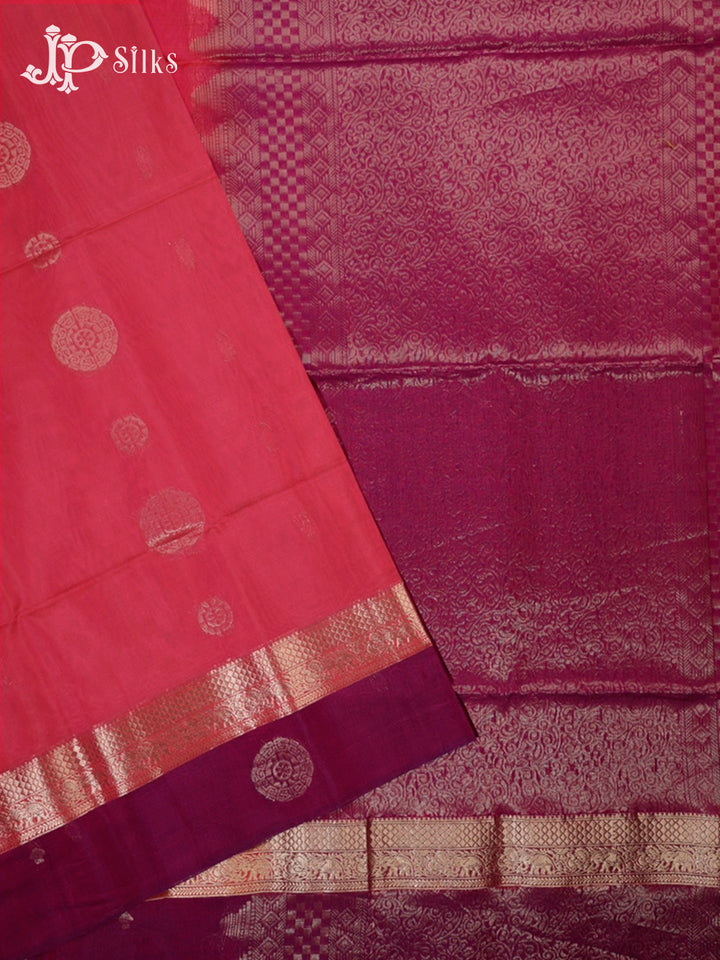 Reddish Pink & Deep Purple Kora Cotton Saree - G827-view2