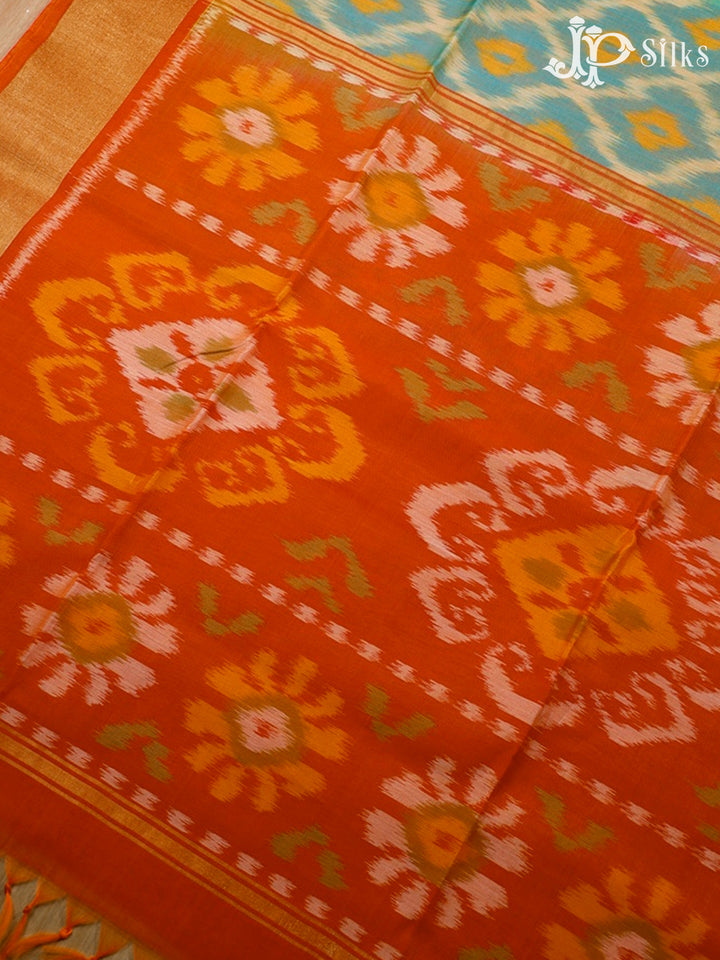 Teal Green and Orange Kora Cotton Saree - G342