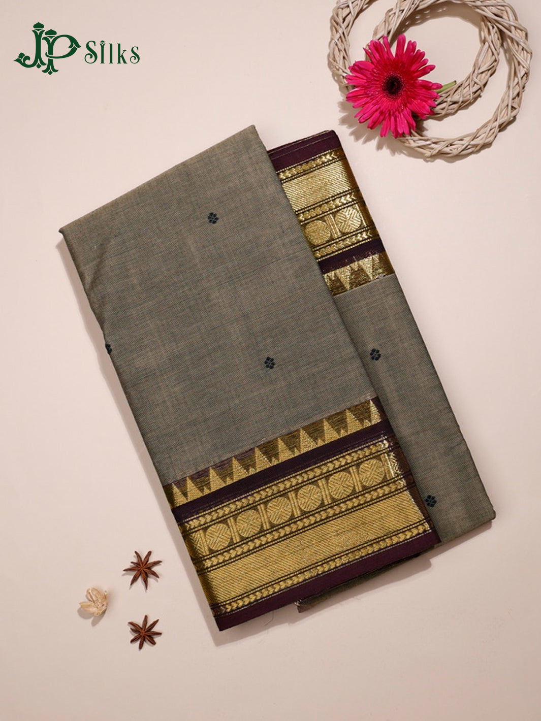 Beige Grey Theni Cotton Saree - G411 “View1”