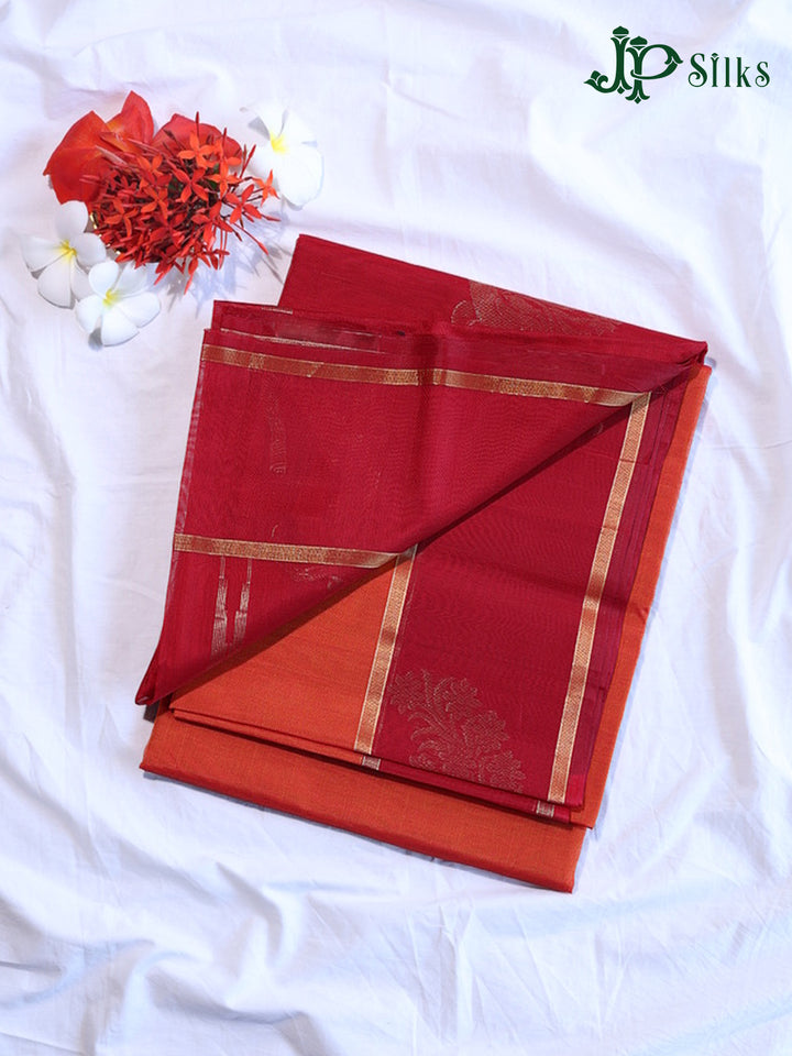 Reddish Orange and Red Kora Cotton Saree - G919