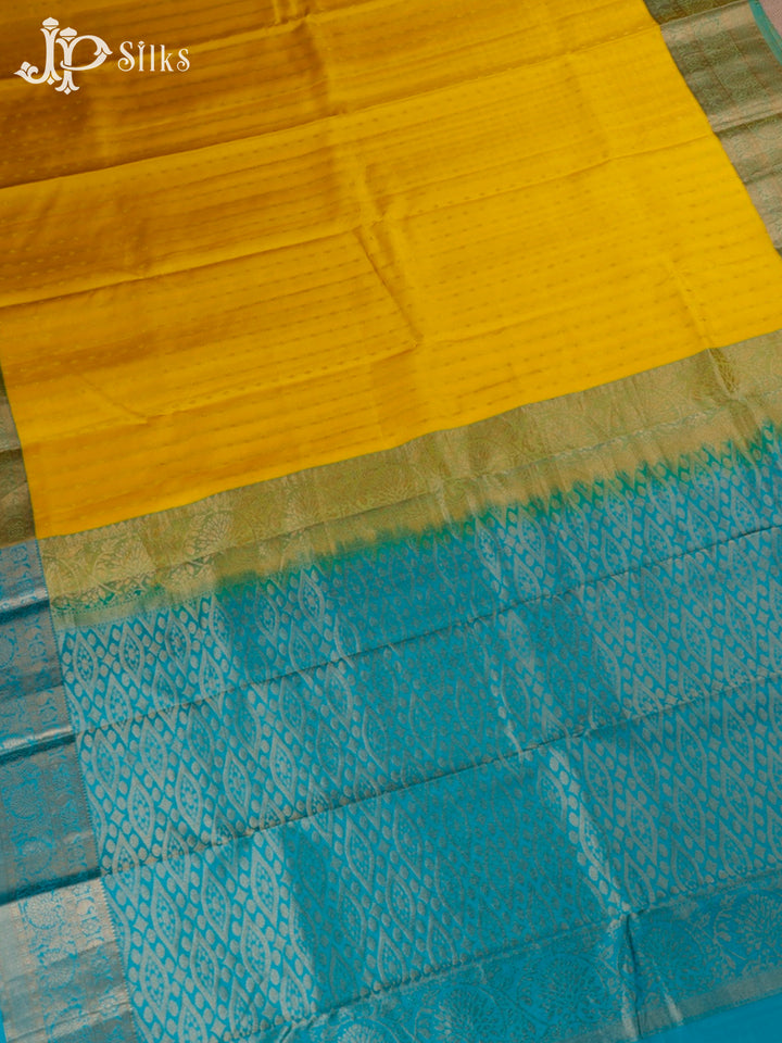 Yellow And Teal Green Kanchipuram Silk Saree - E238