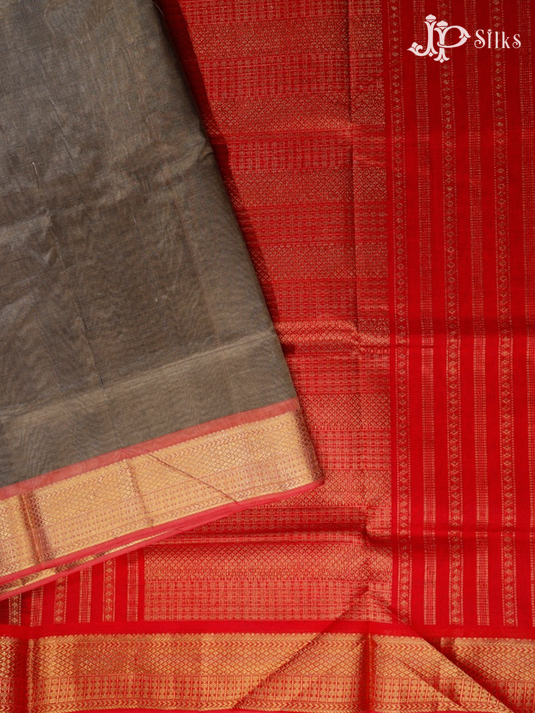 Grey and Red Silk Cotton Saree - F3423