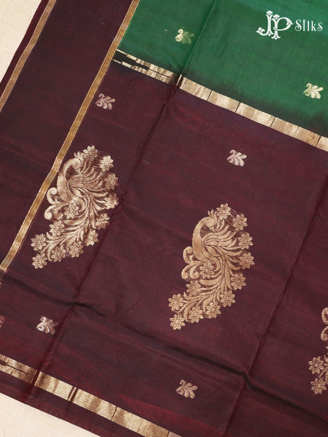 Bottle Green and Brown Kora Cotton Saree - G918
