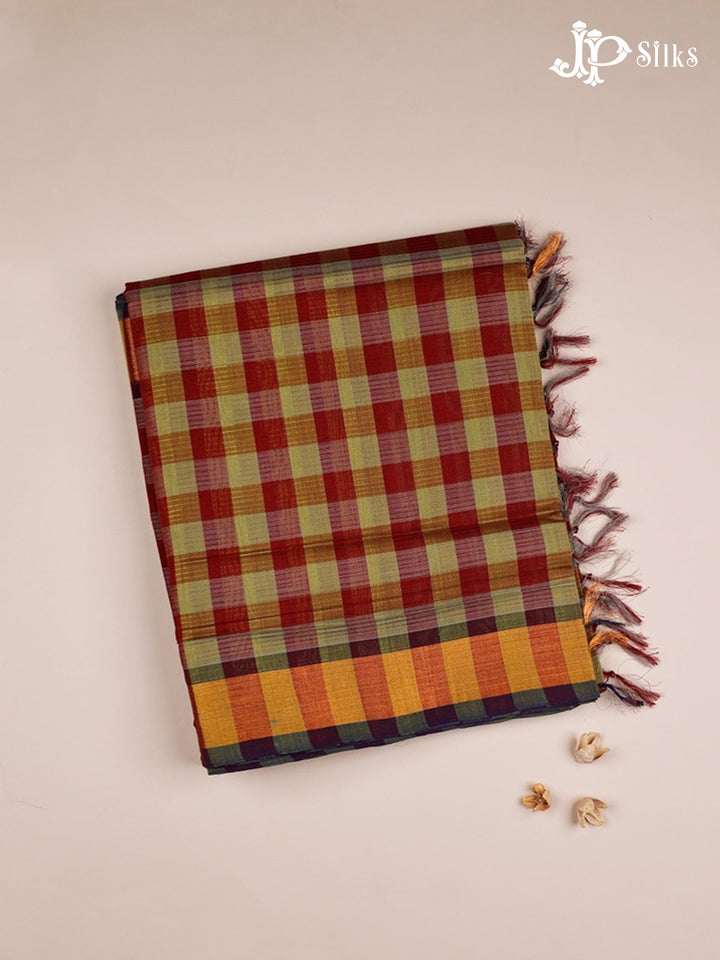 Maroon, Green And Light Red Venkatagiri Cotton Saree - D9925