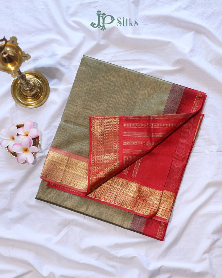 Grey and Red Silk Cotton Saree - F3423