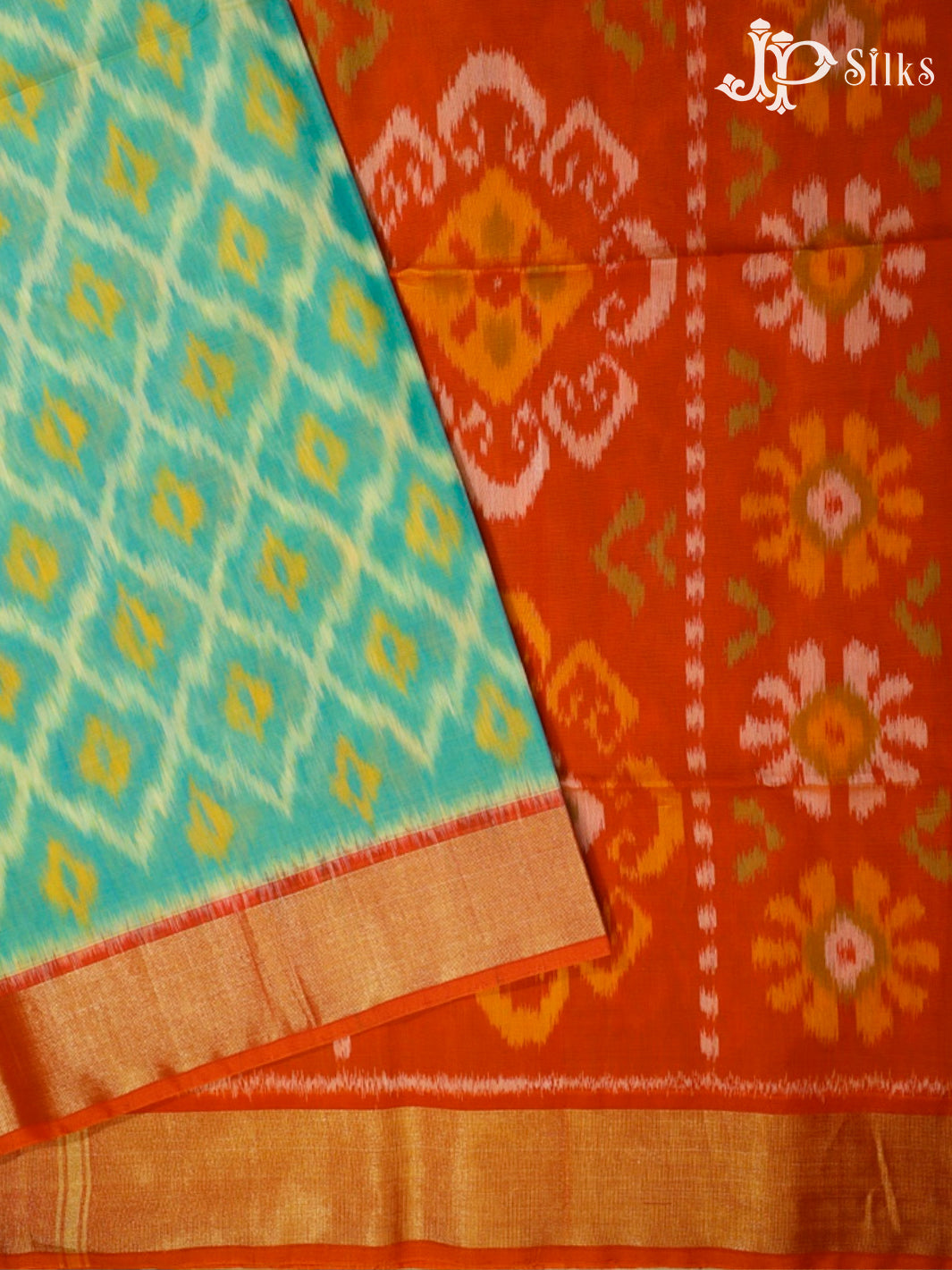 Teal Green and Orange Kora Cotton Saree - G342