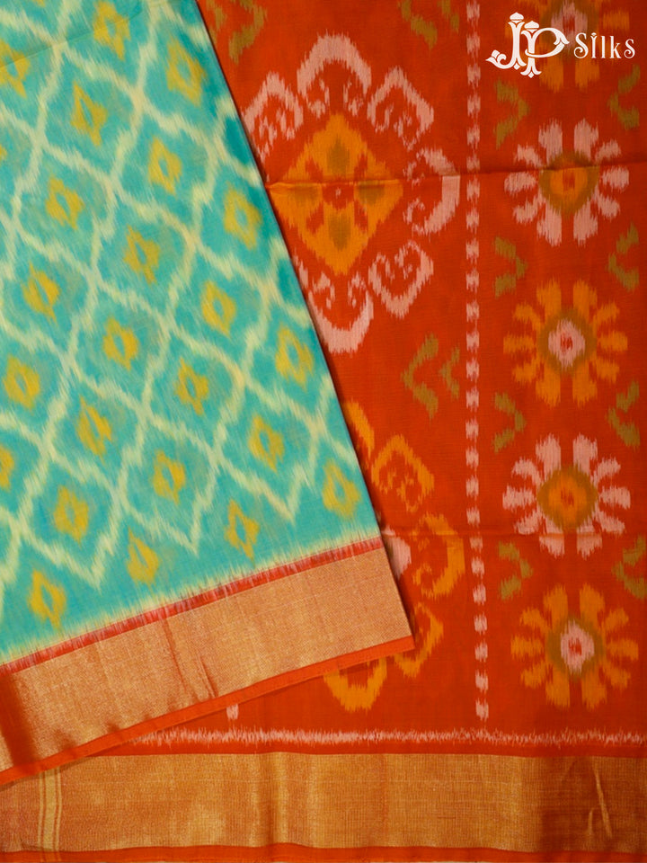 Teal Green and Orange Kora Cotton Saree - G342