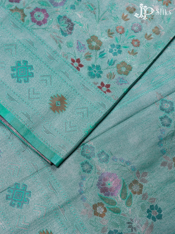 Teal Green Semi Banaras Saree - F2645