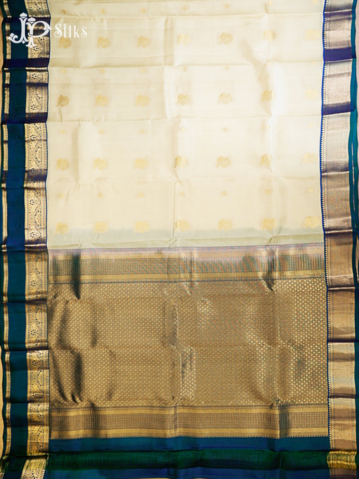 Cream & Peacock Blue Pure Silk Mix Saree - H21