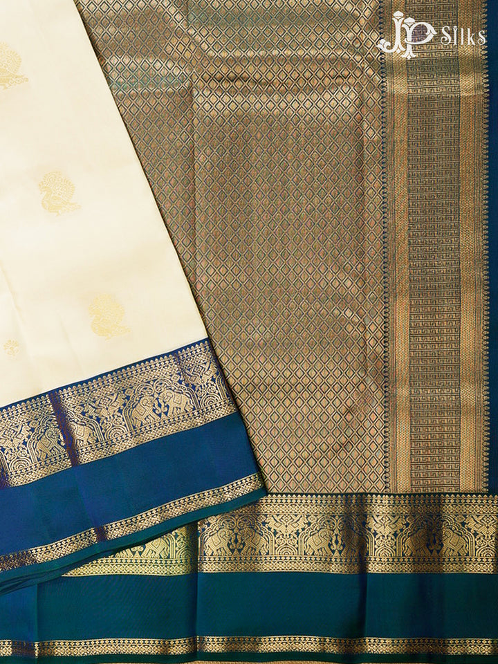 Cream & Peacock Blue Pure Silk Mix Saree - H21
