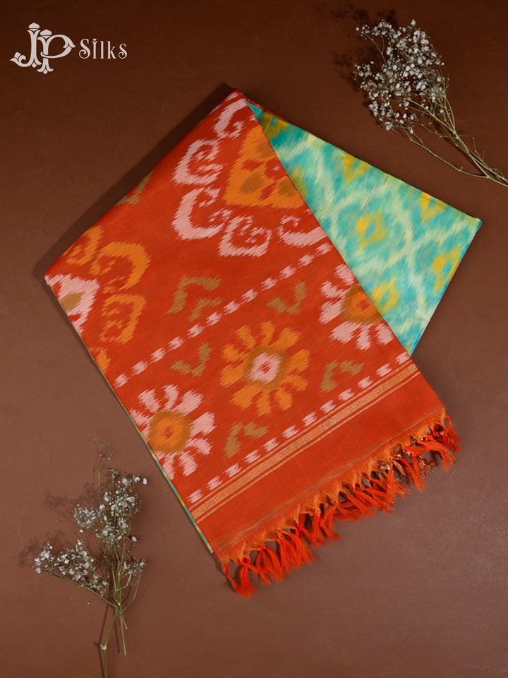 Teal Green and Orange Kora Cotton Saree - G342