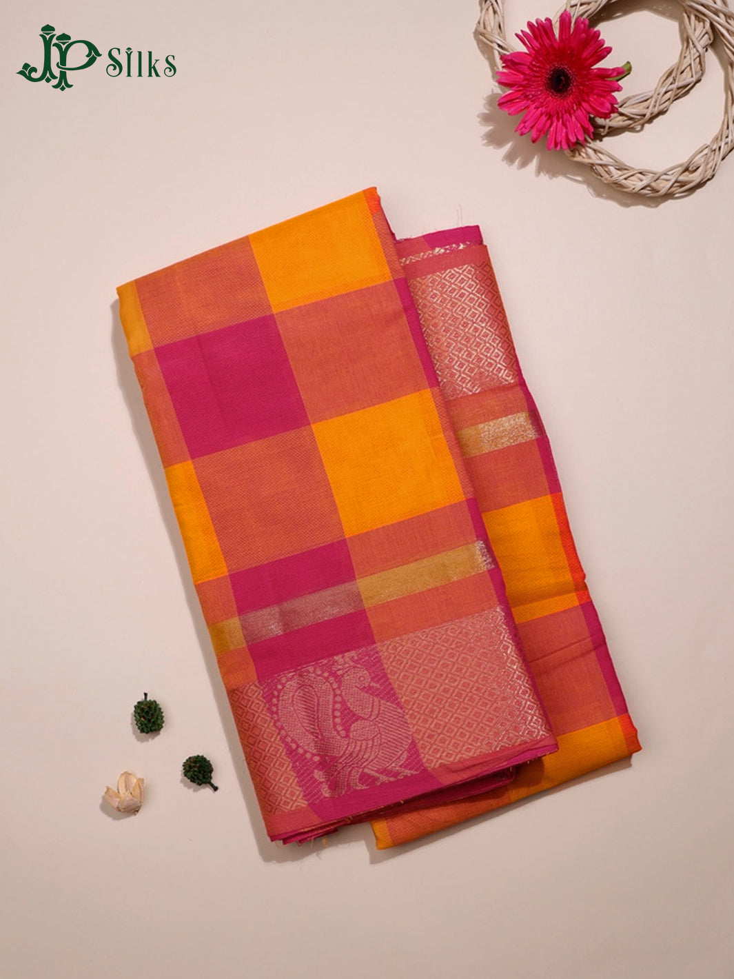 Pink & Mango Yellow Chettinad Cotton Saree - G397 “View1”