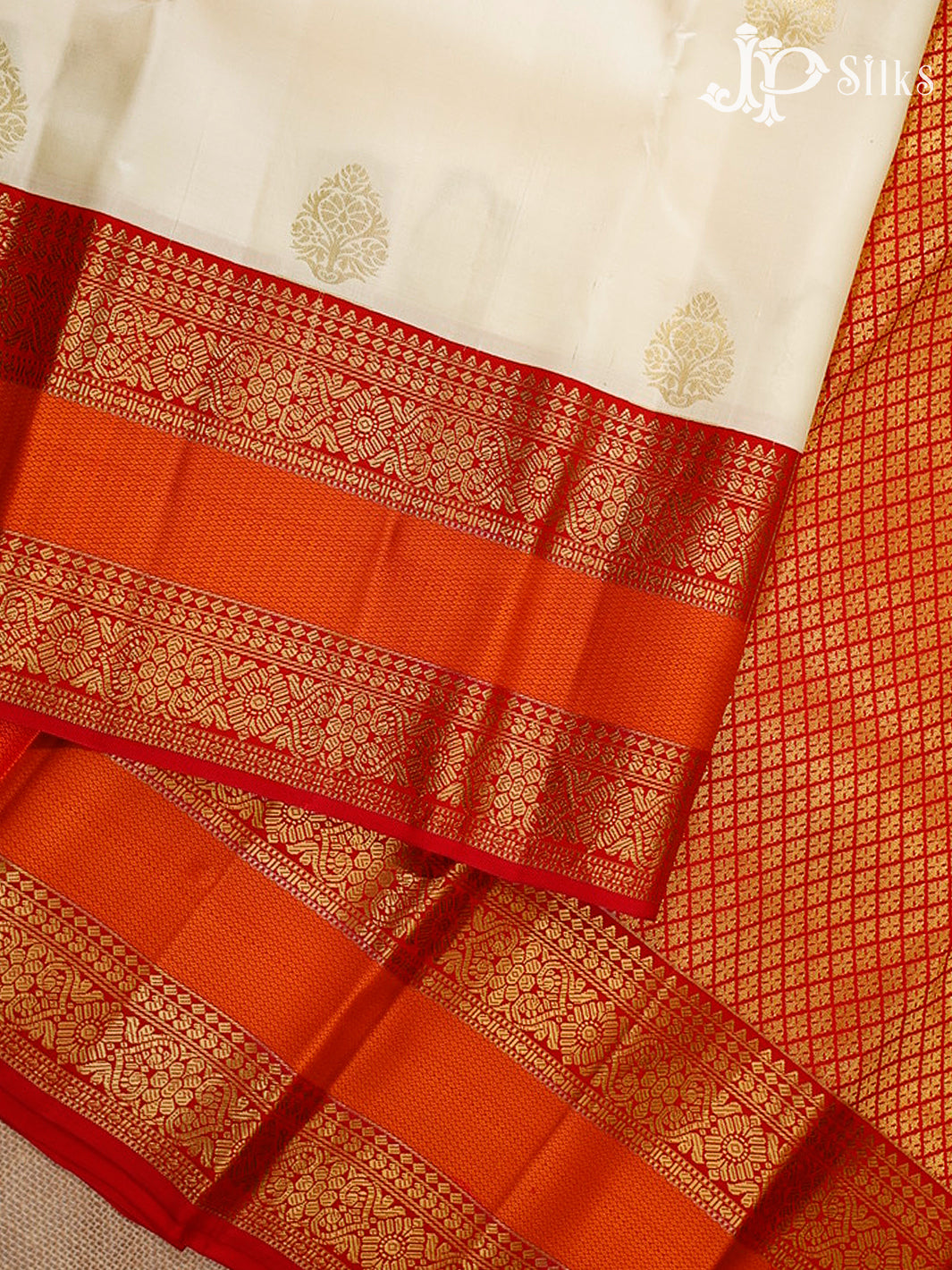 Cream & Red Kanchipuram Silk Saree - H19