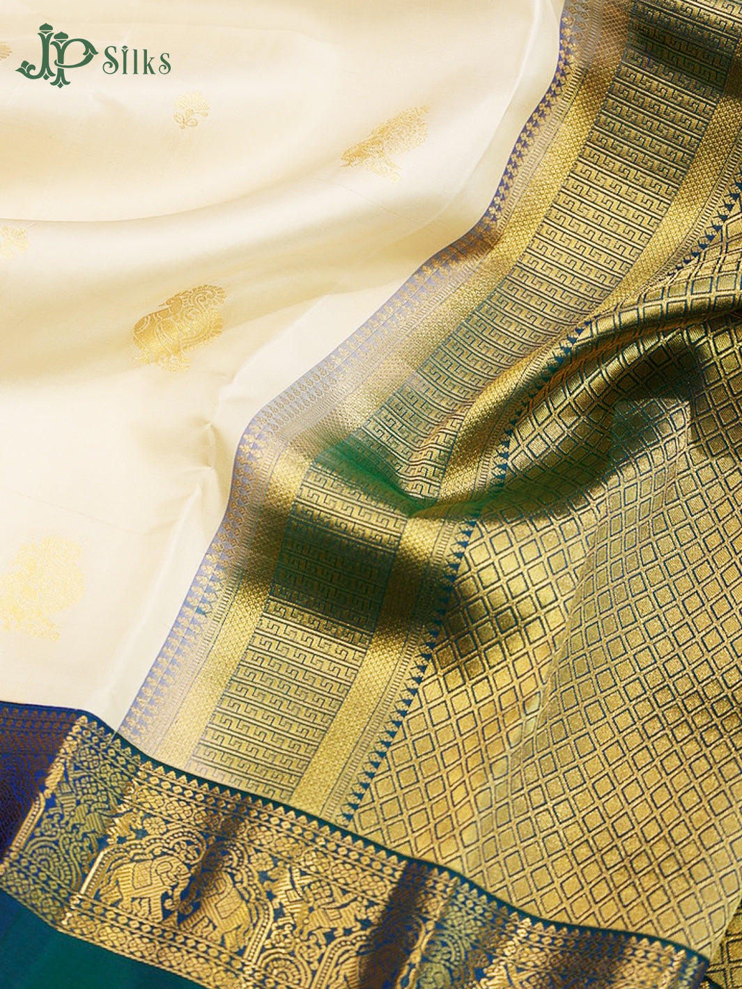Cream & Peacock Blue Pure Silk Mix Saree - H21