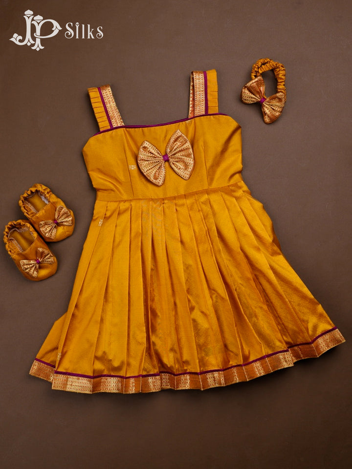 Mustard Yellow Pure Silk Kids Readymade Dress | 6 m - 12 m - F3534