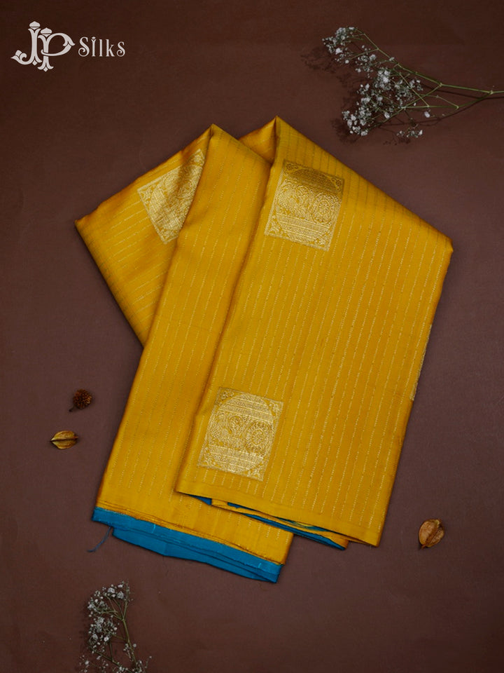 Yellow And Peacock Blue Kanchipuram Silk Saree - F430