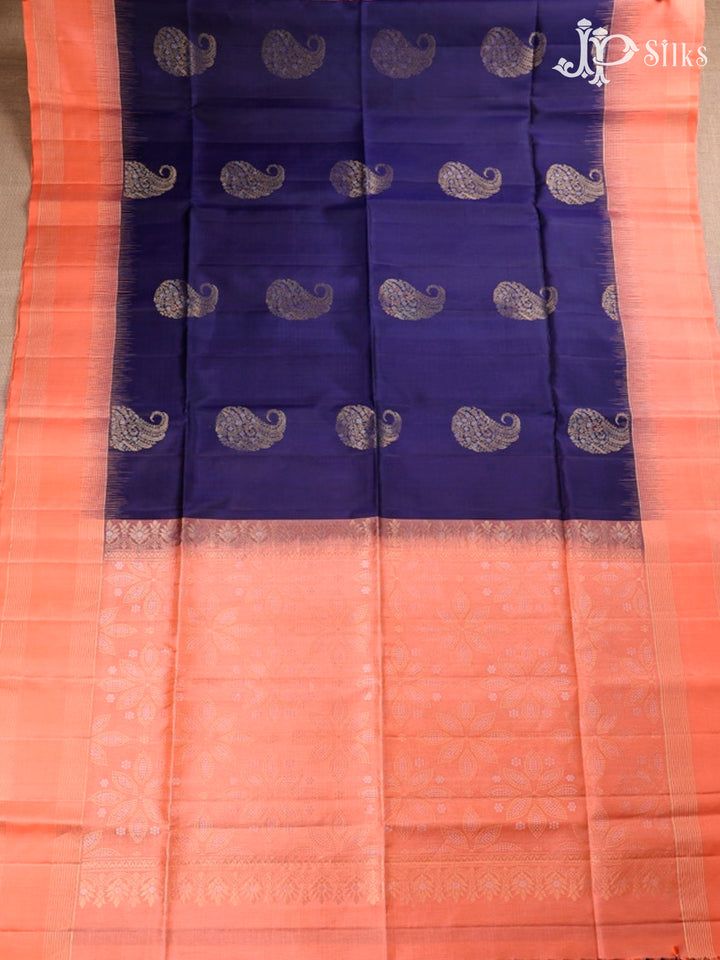 Dark Navy Blue And Peach Soft Silk Saree - F3520