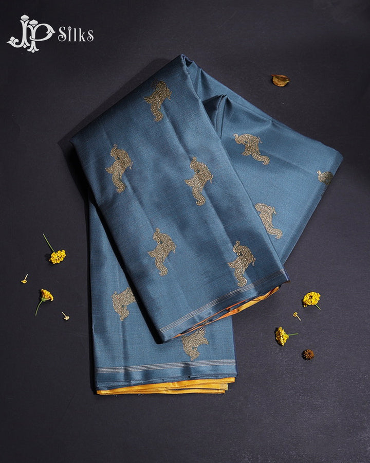 Blue Grey & Yellow Kanchipuram 2G Zari Silk Saree - H8