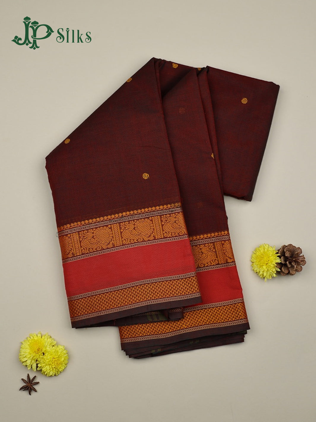 Brown with Red Cotton Saree - F444 - View 1