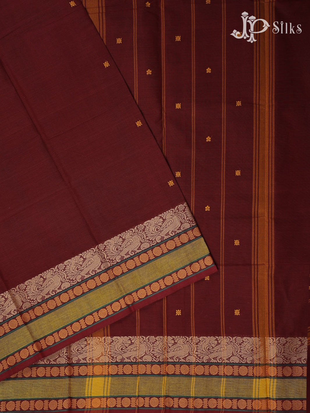 Maroon with Green Cotton Saree - F446 - View 2