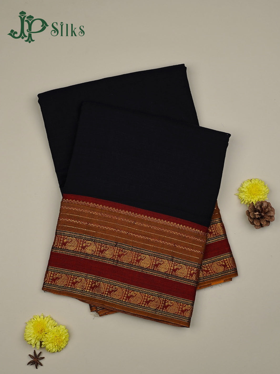 Black with Maroon Cotton Saree - E2781 - View 1