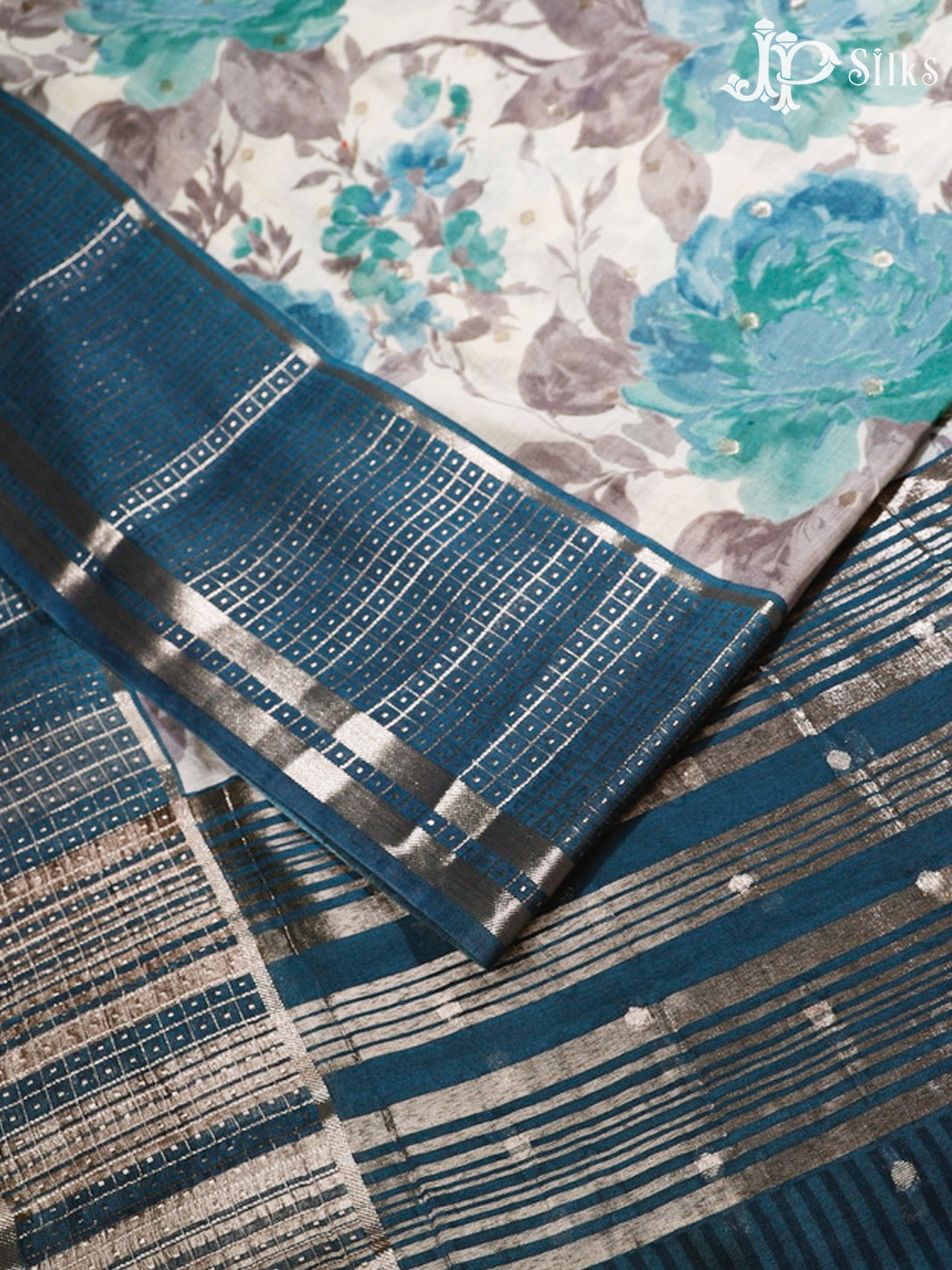 White & Blue Jay Semi Chanderi Saree - G557-view3