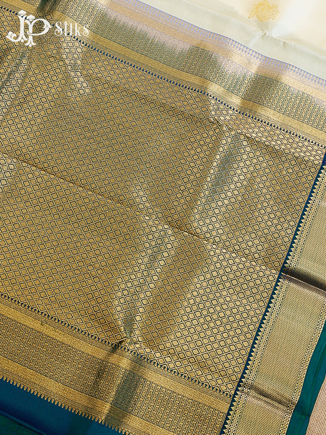 Cream & Peacock Blue Pure Silk Mix Saree - H21